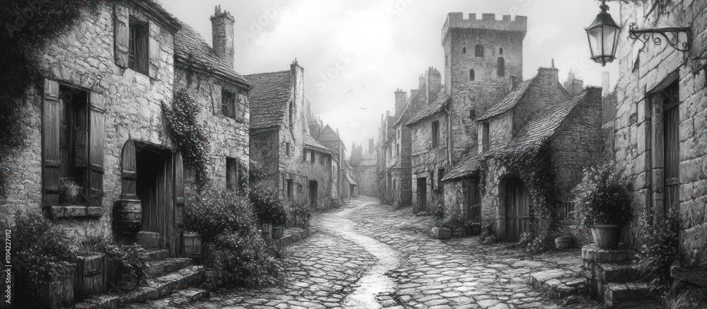 Obraz premium Cobblestone street in a historic, medieval-style village.