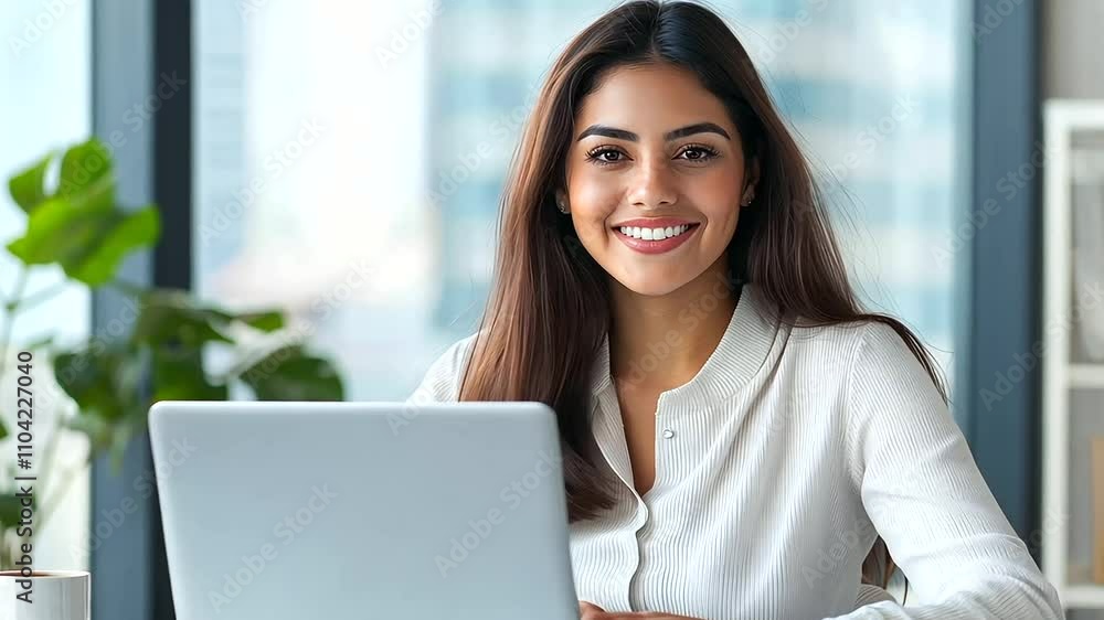 Cheerful Hispanic Businesswoman in Modern Office Cheerful Hispanic Businesswoman in Modern Office