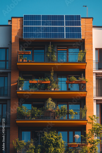 solar panels on top floor of a multi story building. facade of a building with windows photo