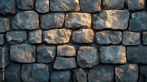 Sunlit grey stone wall texture background.