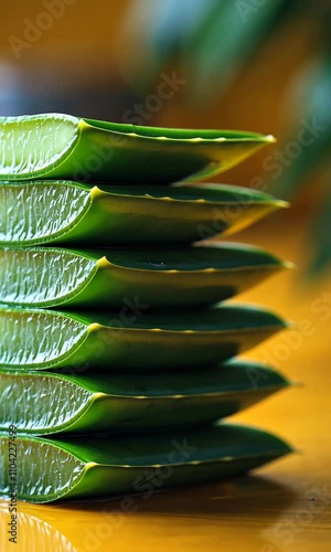 A close-up of stacked aloe vera leaves showcasing their texture and natural beauty.