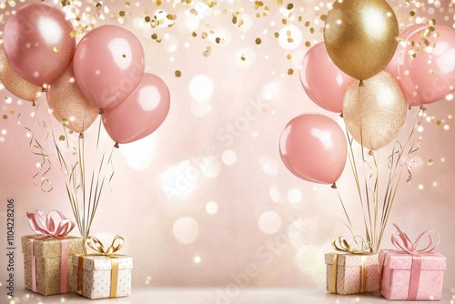 Wallpaper In Pink And Gold With Balloons, Presents, And Confetti, Copy Space, Birthday Party Invitation Concept