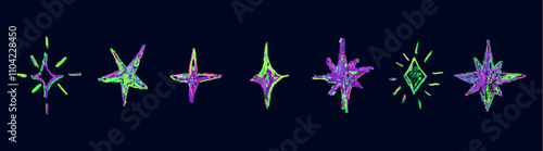 Set of colorful neon chalk drawing stars. Shine or sparkle doodle collection. Children style rainbow wax pencil handdrawing elements of night sky. Vector crayon scratch grunge texture star shapes