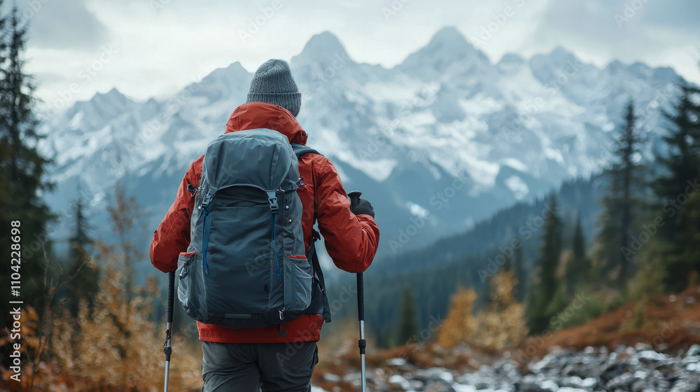 Male hiker enjoying mountain view in autumn forest Male hiker enjoying mountain view in autumn forest