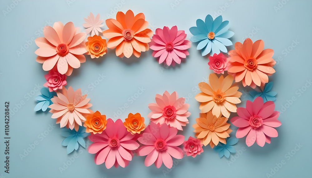Colorful paper flowers in various shades of pink, orange, and blue arranged on a light blue background Colorful paper flowers in various shades of pink, orange, and blue arranged on a light blue background