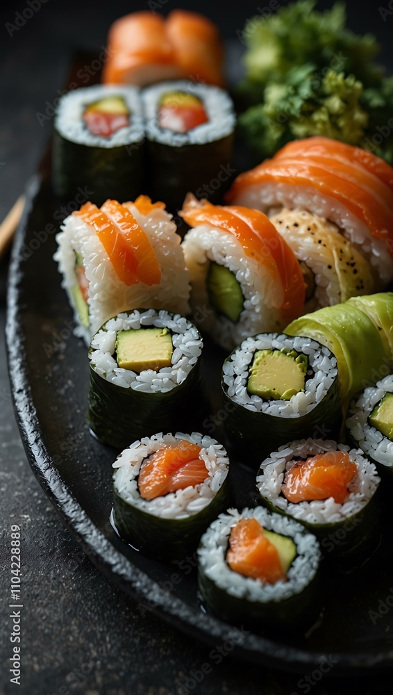 Artistic view of sushi rolls on a black plate. Artistic view of sushi rolls on a black plate.
