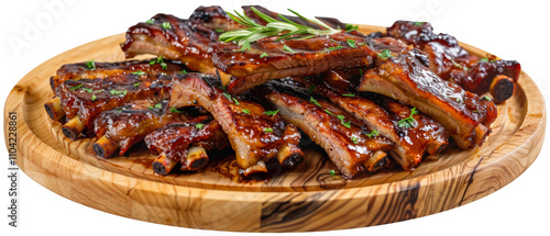 A mouthwatering platter of succulent barbecue ribs garnished with herbs, perfect for dinner parties or restaurant menus.