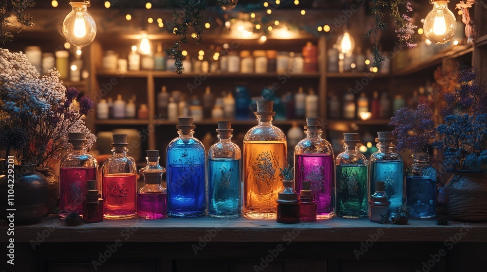 Cozy Scene with Colorful Potions and Warm Lights Cozy Scene with Colorful Potions and Warm Lights