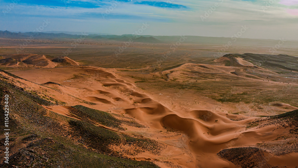 Fototapeta premium Moroccan Sahara Desert, ancient black volcanic mountains, the Sahara River Oued Ghris, stunning Acacia trees, wild camels, and desert camp, landscape where golden sand dunes merge with green plants
