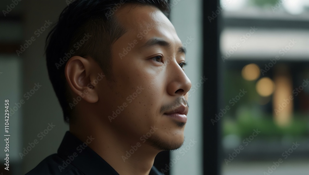 Asian man gazing out of a window, reflecting a minimalist moment. Asian man gazing out of a window, reflecting a minimalist moment.