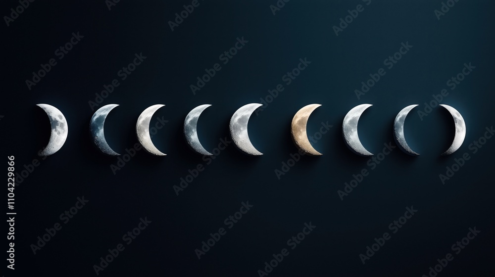 Sequence of crescent moon phases in a row against a dark background, displaying various lighting and shadow effects on the lunar surface Sequence of crescent moon phases in a row against a dark background, displaying various lighting and shadow effects on the lunar surface