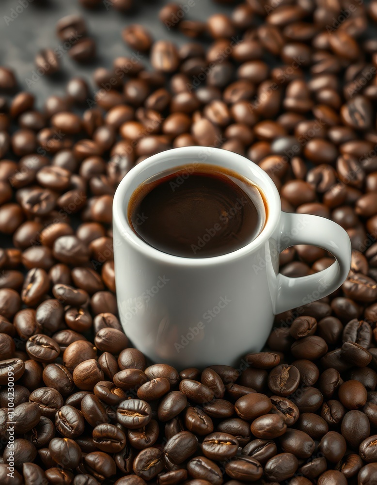 Aromatic coffee surrounded by roasted beans in a cozy setting Aromatic coffee surrounded by roasted beans in a cozy setting