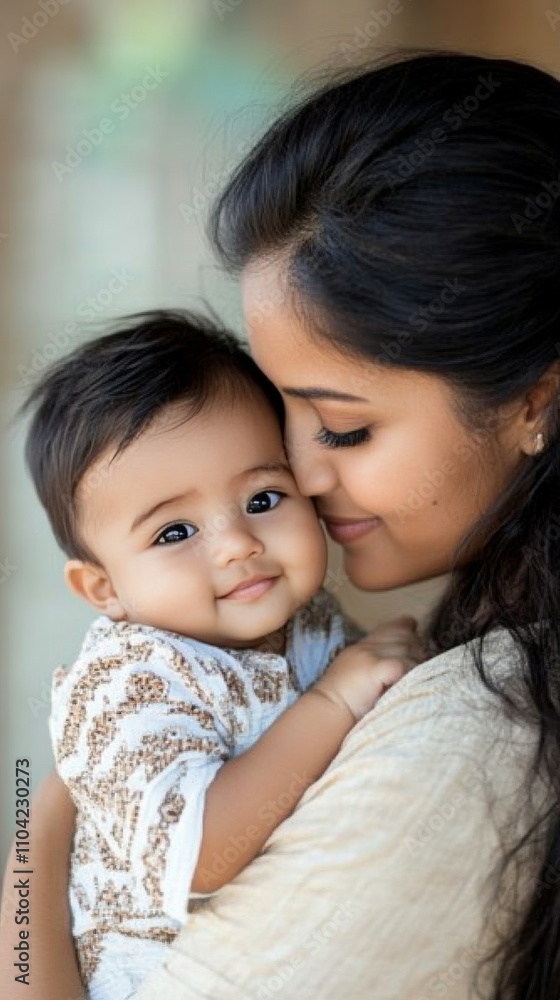 Mother gently holds her smiling baby close in a cozy indoor setting during soft daylight hours Mother gently holds her smiling baby close in a cozy indoor setting during soft daylight hours