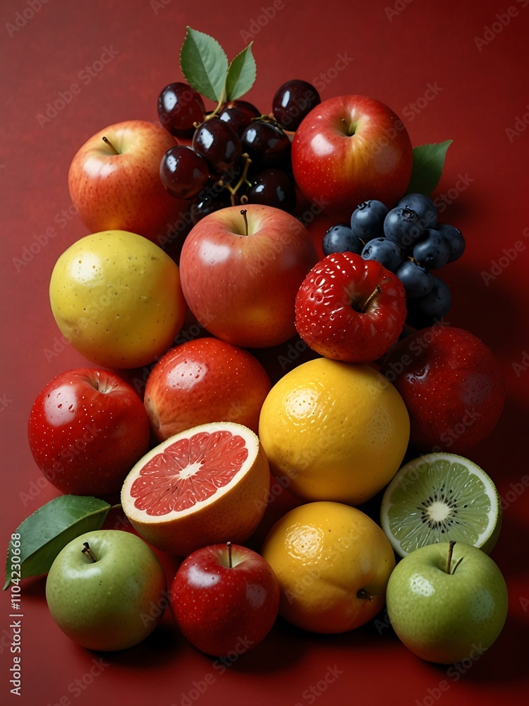 Assorted fresh fruits on a red background, ideal for healthy eating. Assorted fresh fruits on a red background, ideal for healthy eating.