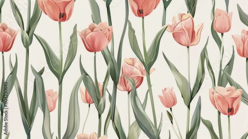 Watercolor painting of tulips with green stems and leaves, suitable for backgrounds or as a repeating pattern for textiles and wallpaper.