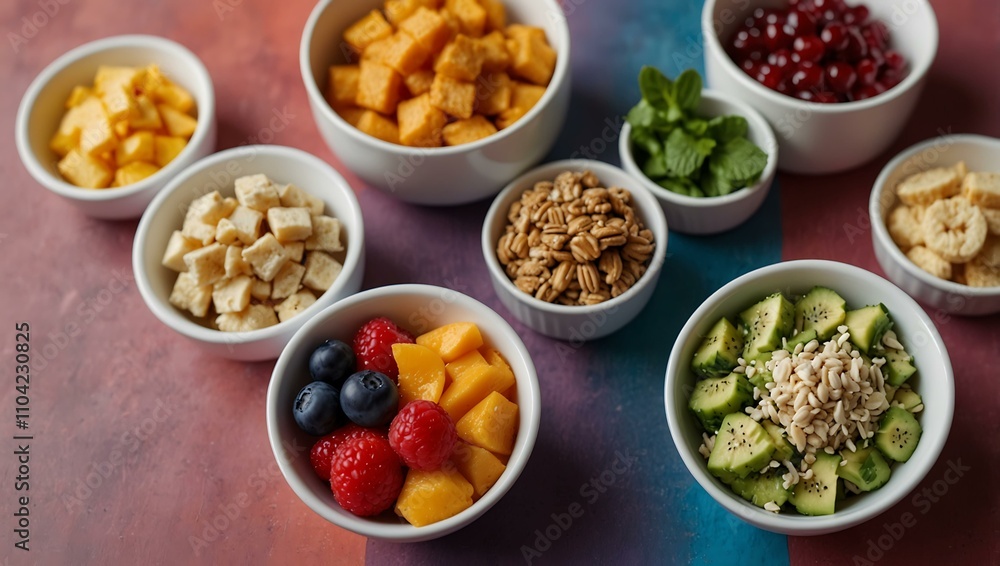 Assorted healthy foods in white bowls on a colorful background. Assorted healthy foods in white bowls on a colorful background.