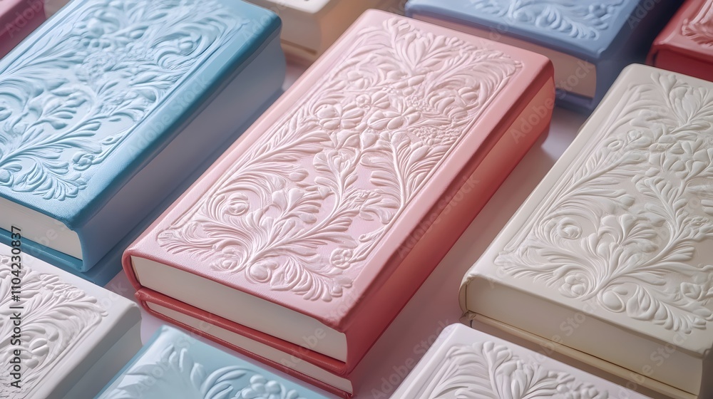 Fototapeta premium A row of books with floral designs on the covers