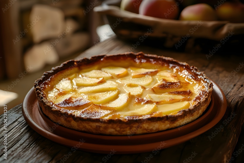 Golden Tarte Normande with caramelized apples on a terracotta plate, set on a wooden table in a cozy rustic kitchen with soft lighting Golden Tarte Normande with caramelized apples on a terracotta plate, set on a wooden table in a cozy rustic kitchen with soft lighting