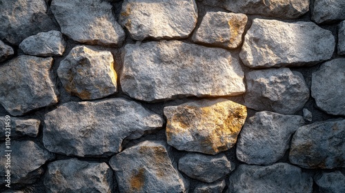 Sunlit rustic stone wall texture.