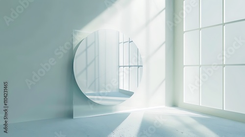 A minimalist scene featuring a large, round mirror reflecting a bright, sunlit room with a large window. 