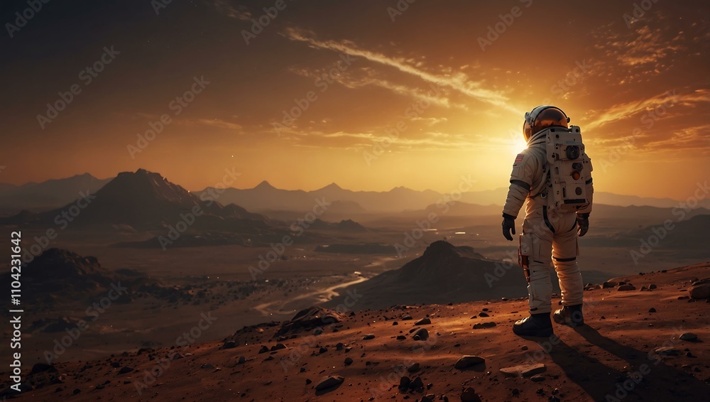 Fototapeta premium Astronaut standing alone on Mars watching a mountain sunset.