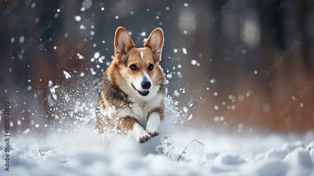 A happy corgi running through the snow, enjoying an active outdoor play session. A happy corgi running through the snow, enjoying an active outdoor play session.