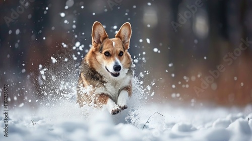 A happy corgi running through the snow, enjoying an active outdoor play session.