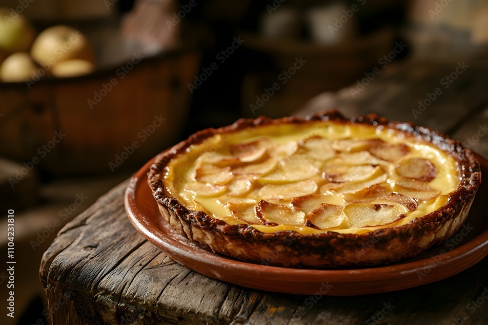 Golden Tarte Normande with caramelized apples on a terracotta plate, set on a wooden table in a cozy rustic kitchen with soft lighting Golden Tarte Normande with caramelized apples on a terracotta plate, set on a wooden table in a cozy rustic kitchen with soft lighting