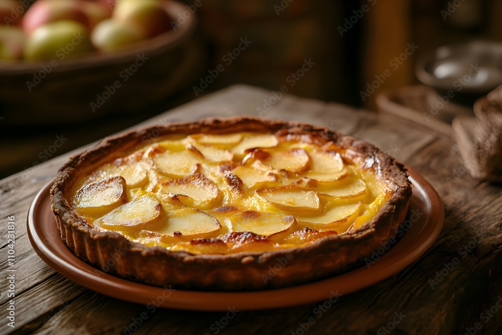 Golden Tarte Normande with caramelized apples on a terracotta plate, set on a wooden table in a cozy rustic kitchen with soft lighting