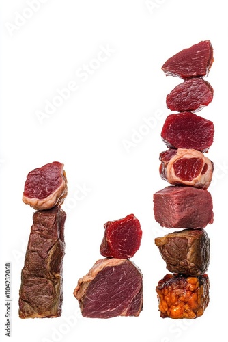 Various grades of meat from left to right: raw, undercooked, properly cooked. photo