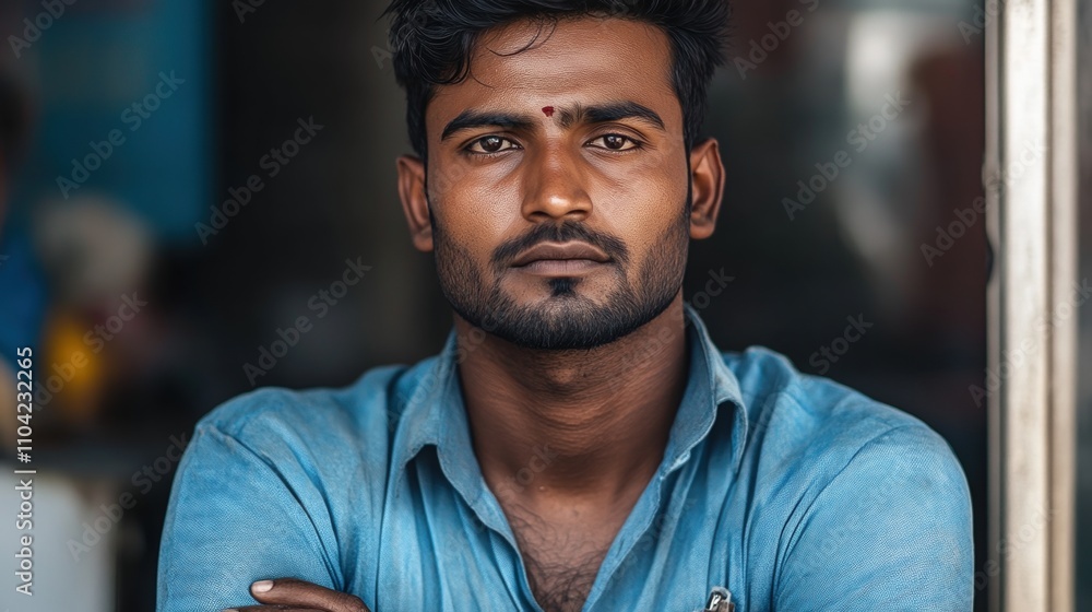 Office peon wearing blue half shirt stands with crossed arms, expressing a calm demeanor while appearing thoughtful in an Indian setting Office peon wearing blue half shirt stands with crossed arms, expressing a calm demeanor while appearing thoughtful in an Indian setting
