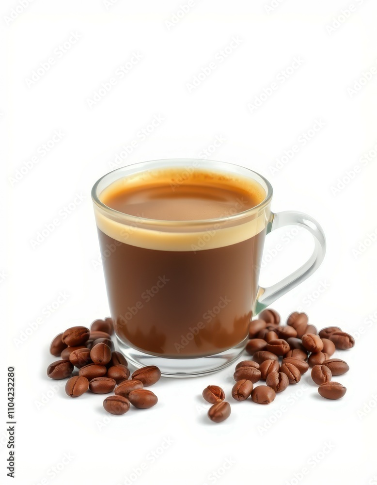Rich cup of coffee beside scattered roasted coffee beans on white background during morning hours Rich cup of coffee beside scattered roasted coffee beans on white background during morning hours