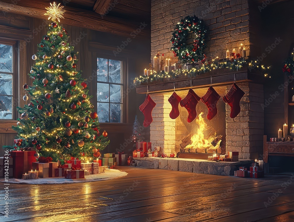 A beautifully decorated Christmas tree stands in front of a fireplace with stockings hung above. The room is softly lit by candles, creating a cozy, festive holiday setting. A beautifully decorated Christmas tree stands in front of a fireplace with stockings hung above. The room is softly lit by candles, creating a cozy, festive holiday setting.