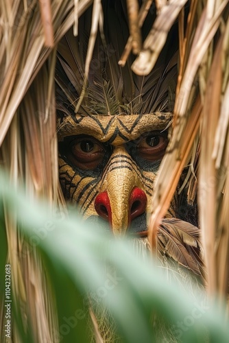 Intricate face paint adorns an anthropologist observing wildlife in a dense jungle environment during an expedition photo