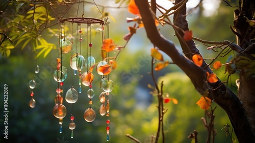A colorful wind chime hangs from a tree branch many beads and pieces of glass dangle.