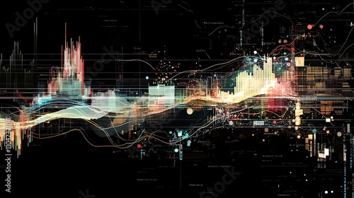 A complex digital stock chart with overlays of financial ratios and market trends