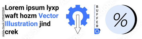 Gear with downward arrow, percentage symbol, buffer scale, and placeholder text in blue. Ideal for data analysis, statistics, performance optimization, business metrics, engineering, efficiency