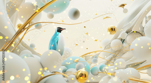 A penguin with blue and gold accents, in the style of surreal animal portraits
