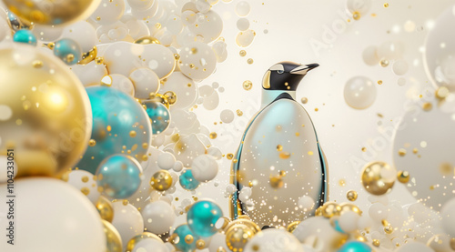 A penguin with blue and gold accents, in the style of surreal animal portraits
