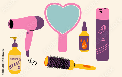 Daily hair care. Hair styling. Hair dryer, shampoo, hairspray.