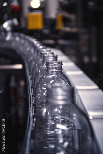 View of bottle production line in a factory with automated machinery assembling the containers, showcasing industry and manufacturing process.