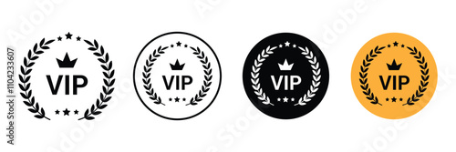 VIP label. VIP icons with crown and stars.  Round label with three VIP level. Very important person labels. VIP vector icons. Premium and Luxury symbols.