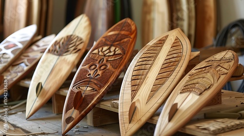 A collection of intricately carved wooden surfboards displayed on a shelf. Each board showcases unique patterns and designs, likely inspired by traditional Polynesian or Hawaiian motifs.
