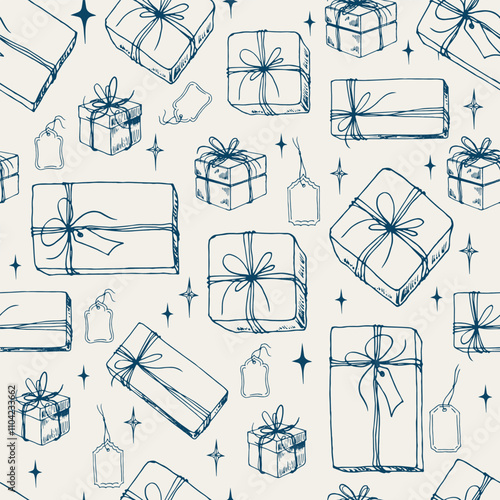Seamless pattern with gift boxes,ribbon bows and sparkling stars. Doodle vector illustration.