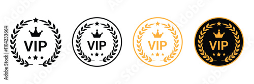 VIP label. VIP icons with crown and stars.  Round label with three VIP level. Very important person labels. VIP vector icons. Premium and Luxury symbols.