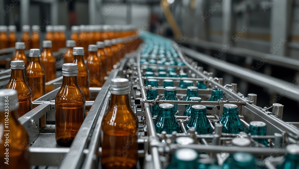 Obraz premium Automated line with bottles moving on a conveyor.