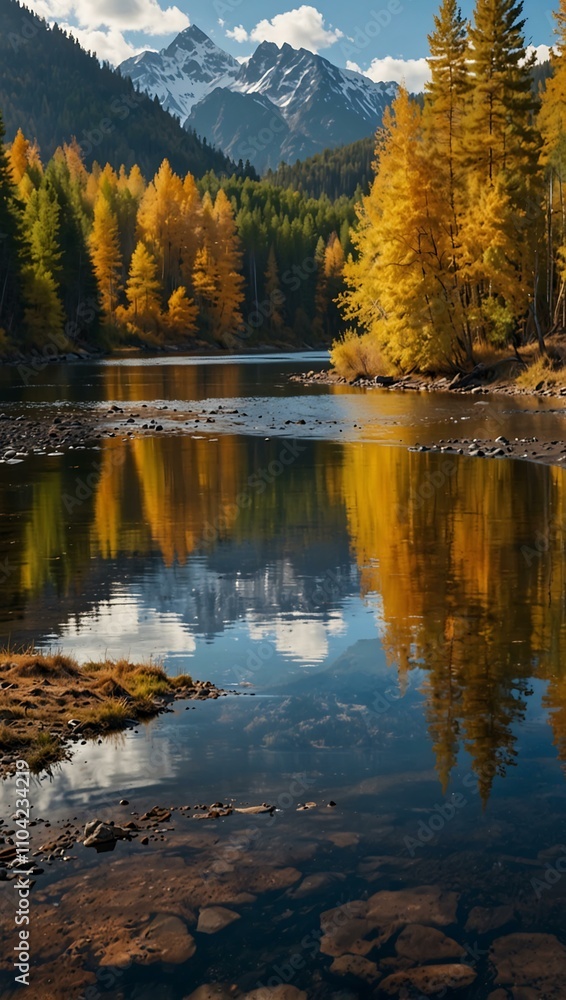 Obraz premium Autumn Altai and Biya River with taiga reflection, Russia.