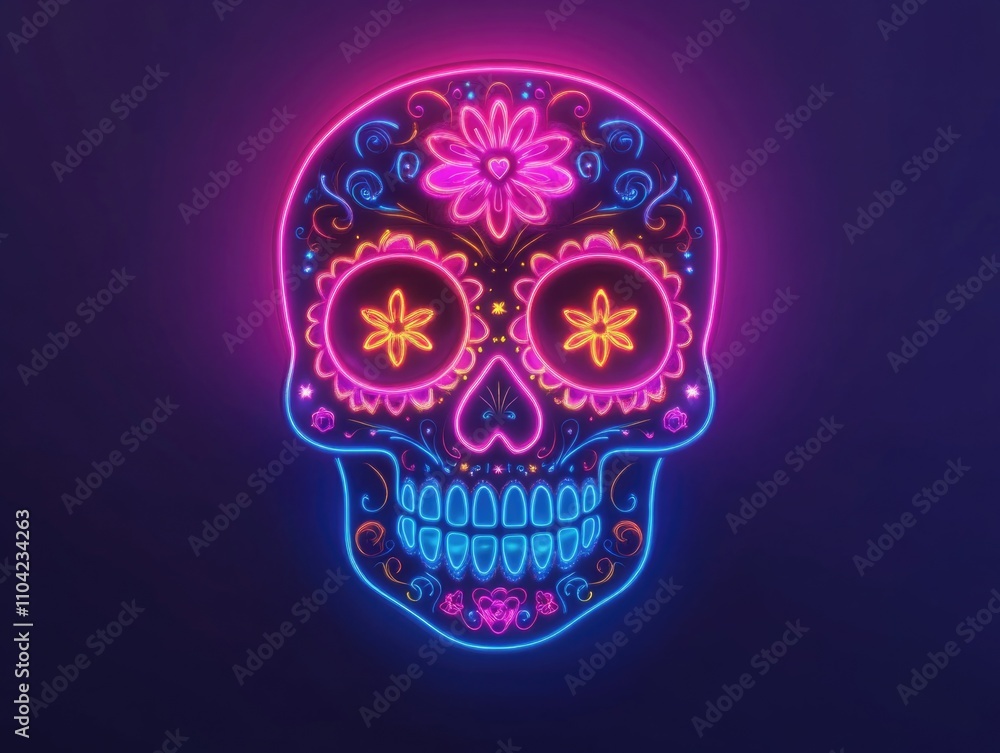 Vividly lit neon skull with flowers and stars, suggesting a festive or celebratory event. Vividly lit neon skull with flowers and stars, suggesting a festive or celebratory event.