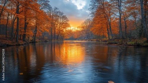 Calm autumn river at sunset with colorful trees reflecting in the water.