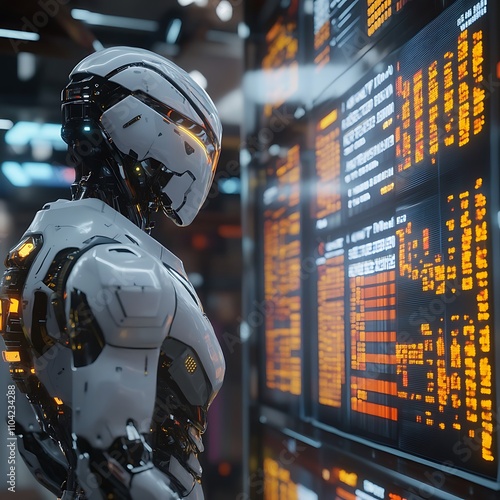 Futuristic robot analyzing data in high-tech laboratory science fiction environment close-up perspective